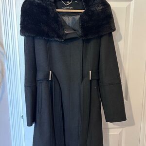Calvin Klein Black Trench Coat with Faux Fur Collar